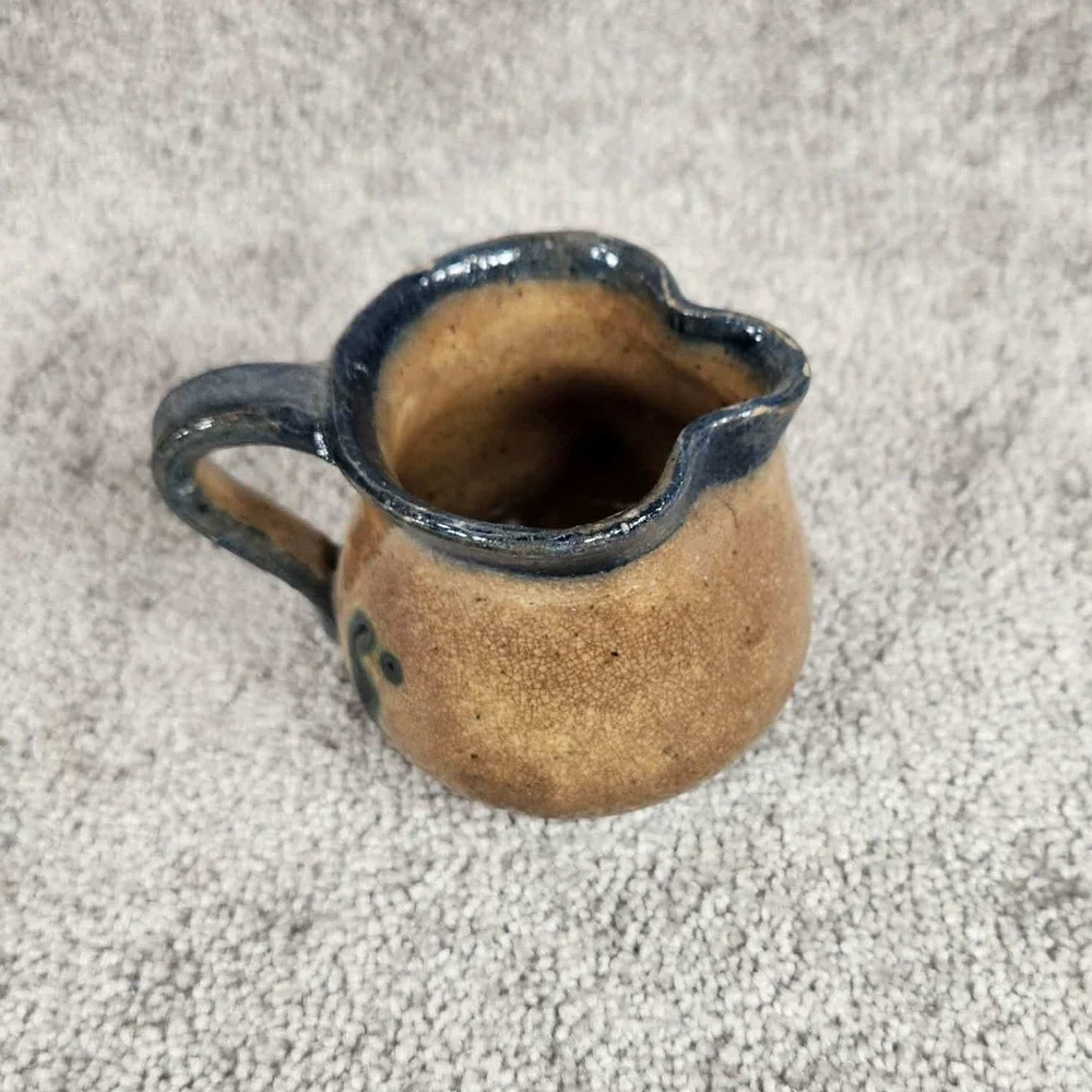 Studio Pottery Creamer Pitcher Tan Cobalt Blue‎ Rustic Farmhouse Small